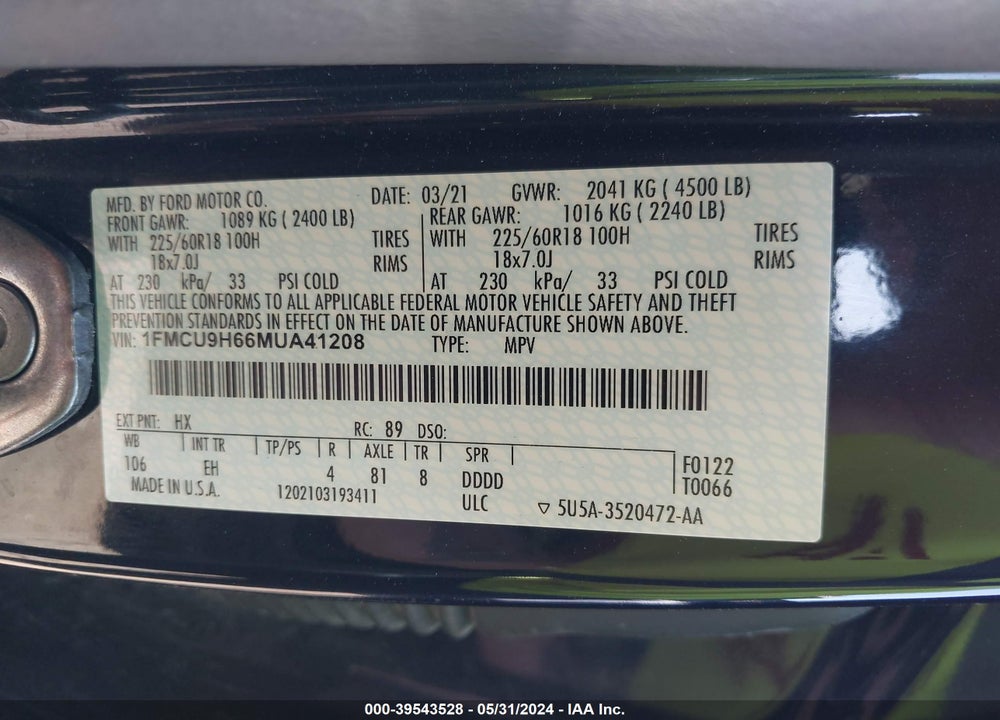 2021 FORD ESCAPE SEL VIN: 1FMCU9H66MUA41208