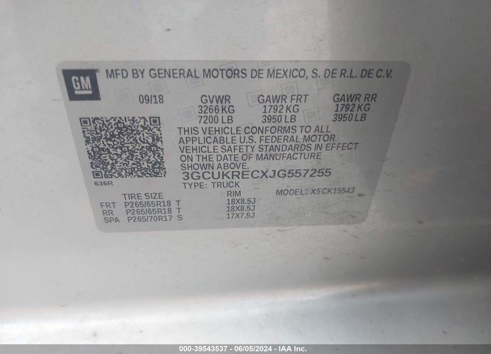 2018 CHEVROLET SILVERADO 1500 2LT VIN: 3GCUKRECXJG557255