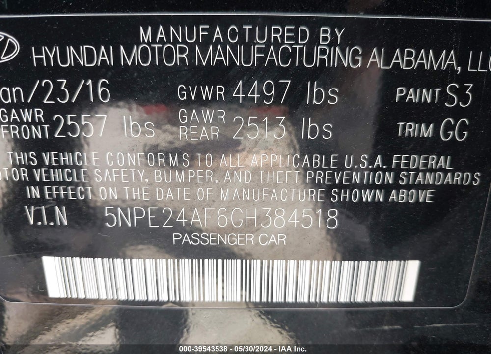 2016 HYUNDAI SONATA SE VIN: 5NPE24AF6GH384518