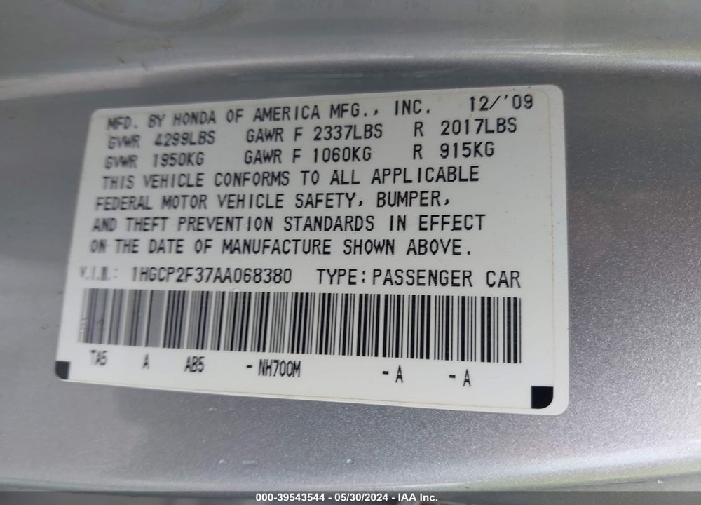2010 HONDA ACCORD 2.4 LX VIN: 1HGCP2F37AA068380
