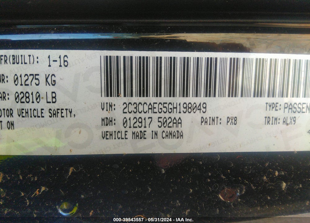 2016 CHRYSLER 300C VIN: 2C3CCAEG5GH198049