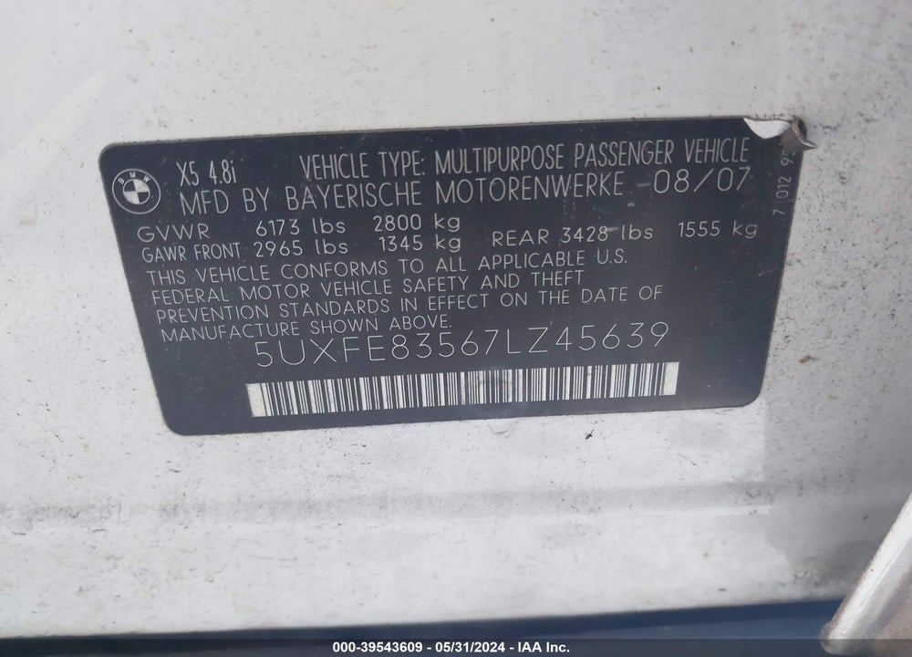 2007 BMW X5 4.8I VIN: 5UXFE83567LZ45639