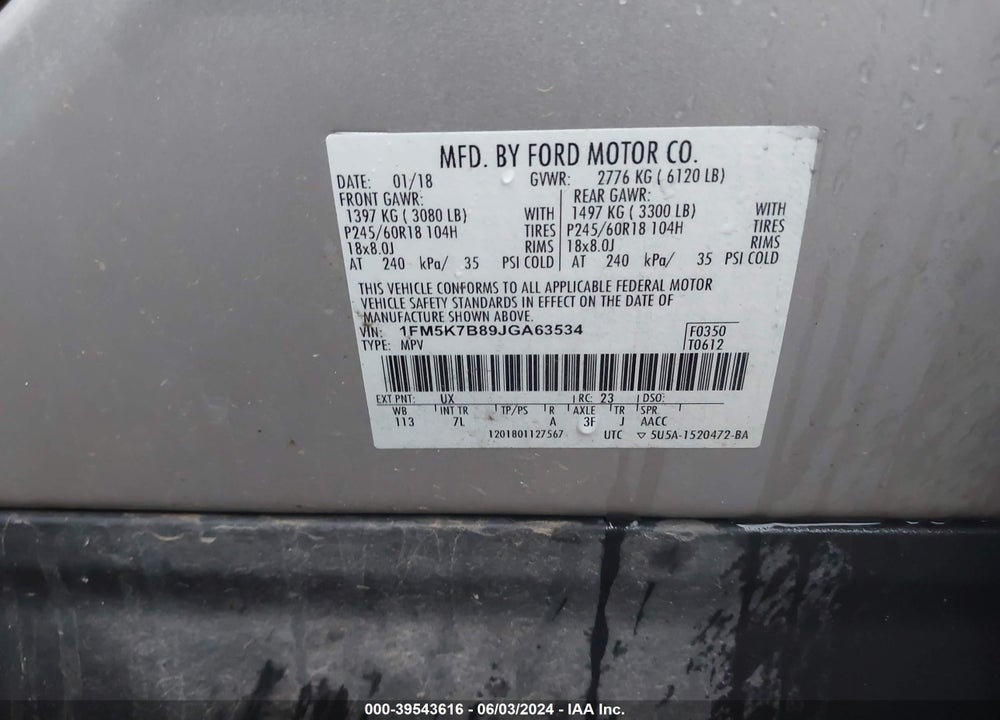 2018 FORD EXPLORER VIN: 1FM5K7B89JGA63534