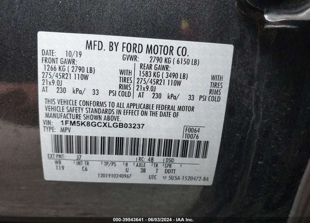 2020 FORD EXPLORER ST VIN: 1FM5K8GCXLGB03237