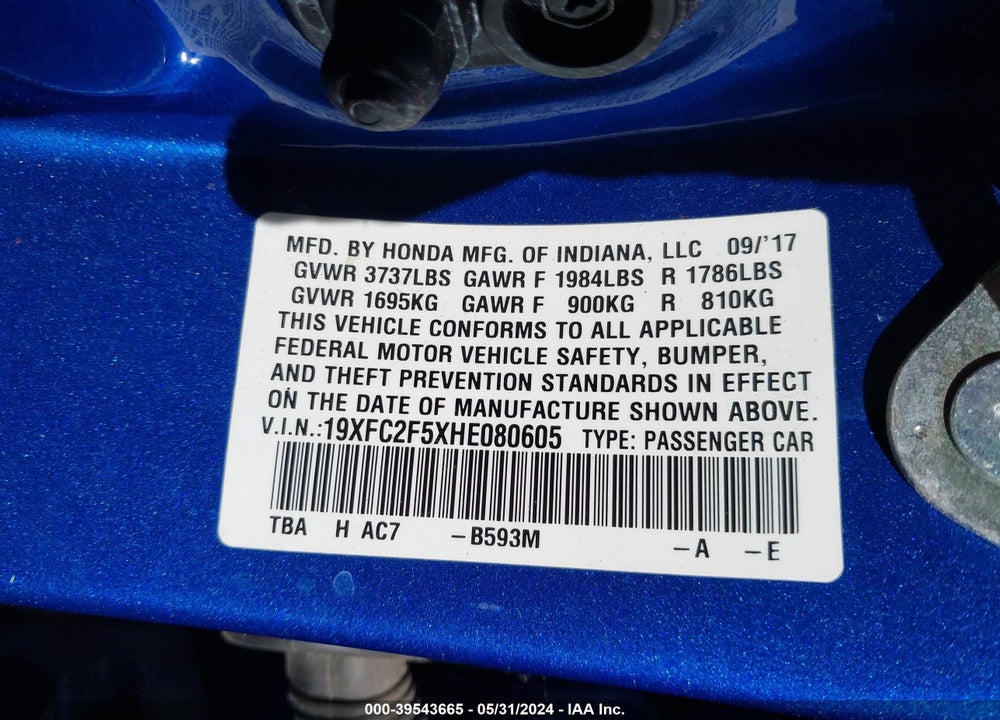 2017 HONDA CIVIC LX VIN: 19XFC2F5XHE080605