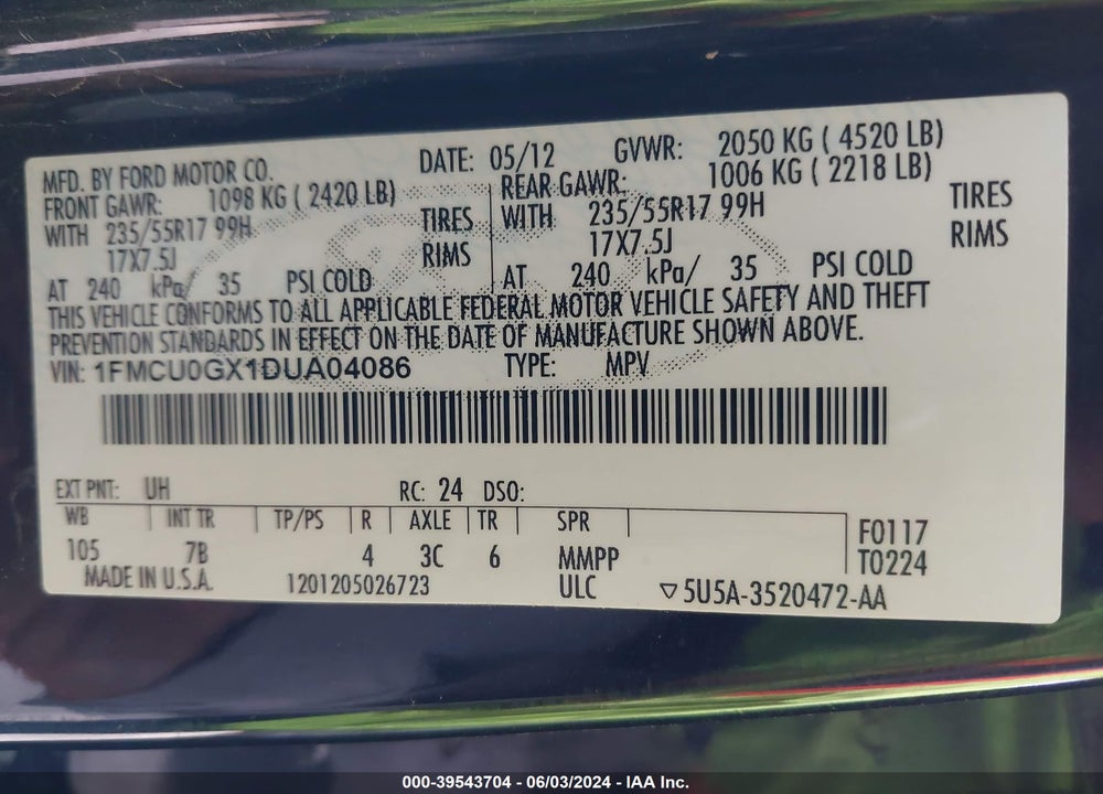 2013 FORD ESCAPE SE VIN: 1FMCU0GX1DUA04086