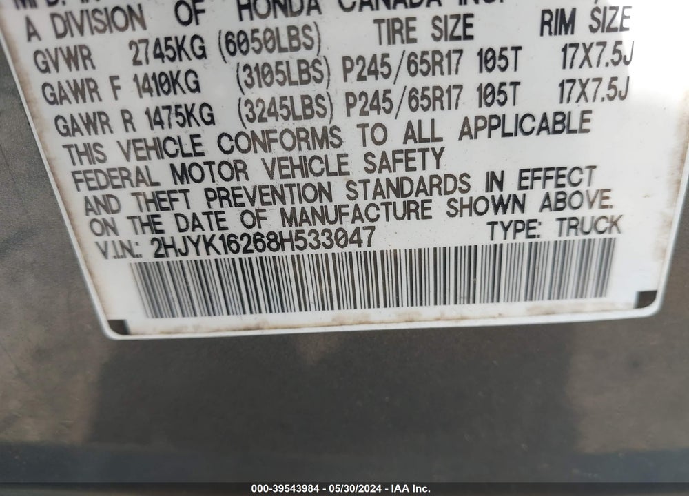 2008 HONDA RIDGELINE RT VIN: 2HJYK16268H533047