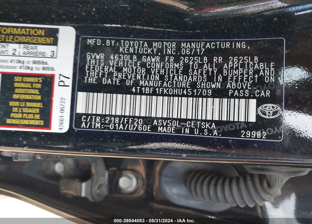 2017 TOYOTA CAMRY SE VIN: 4T1BF1FK0HU451709