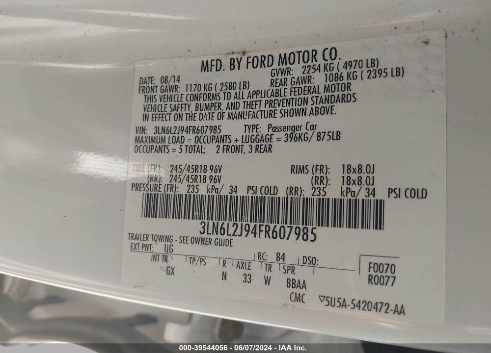 2015 LINCOLN MKZ VIN: 3LN6L2J94FR607985