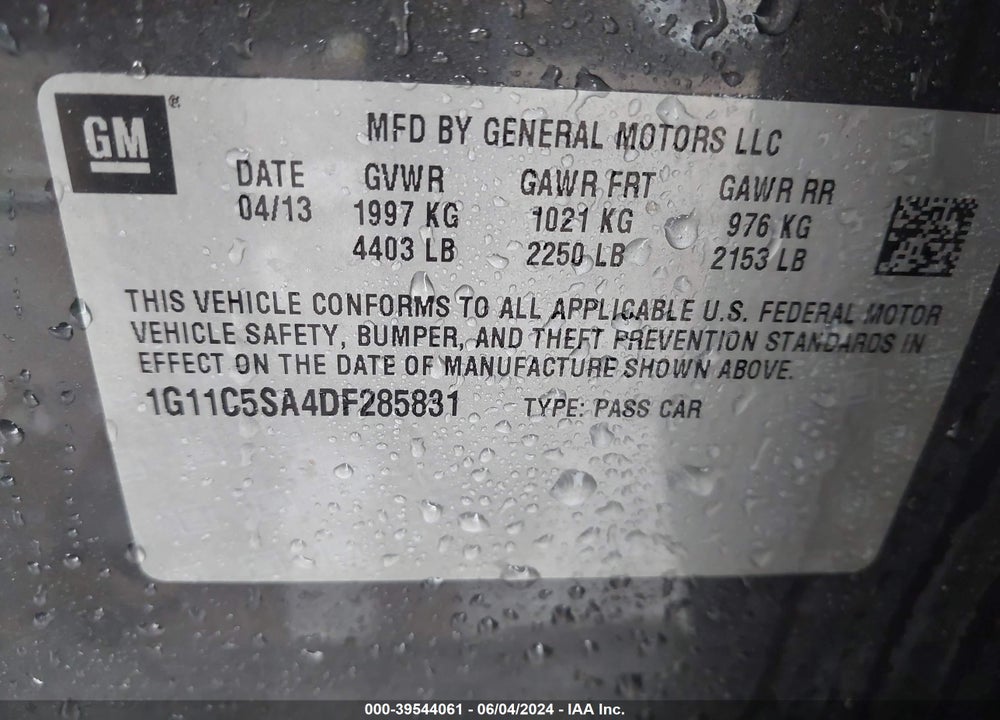 2013 CHEVROLET MALIBU 1LT VIN: 1G11C5SA4DF285831