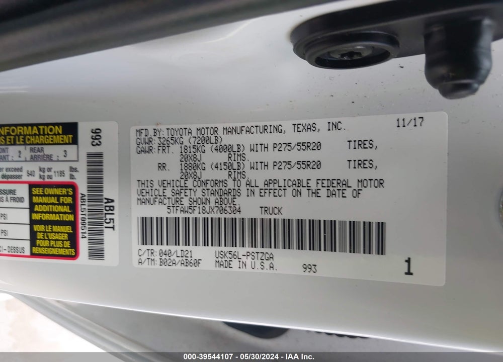 2018 TOYOTA TUNDRA 1794 5.7L V8 VIN: 5TFAW5F18JX706304
