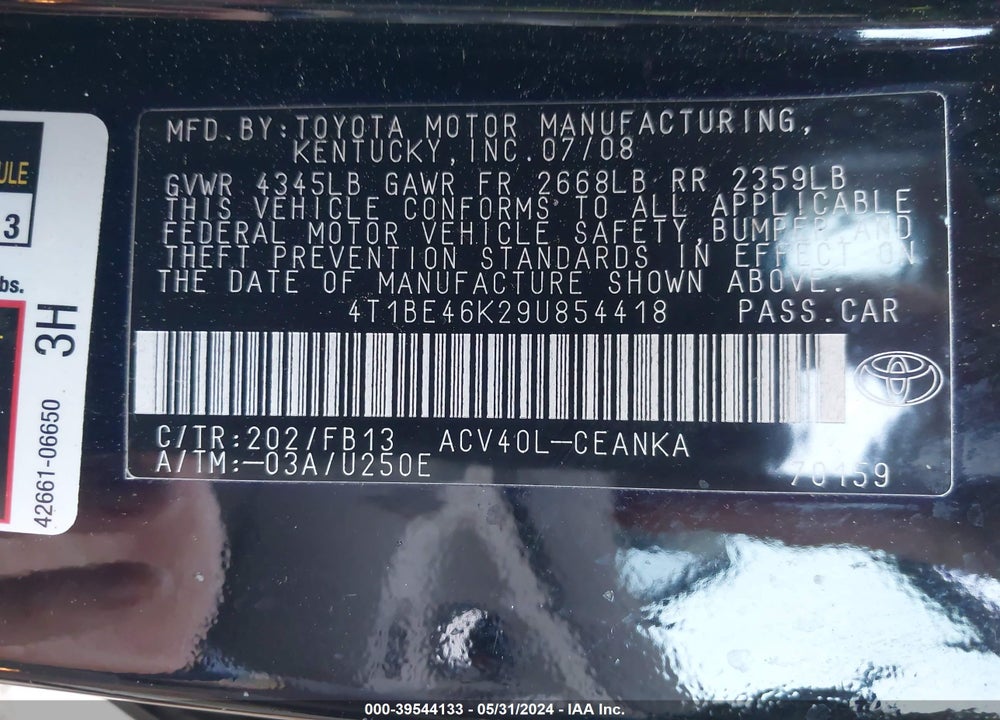 2009 TOYOTA CAMRY VIN: 4T1BE46K29U854418