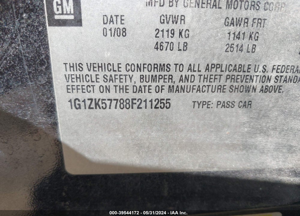 2008 CHEVROLET MALIBU LTZ VIN: 1G1ZK57788F211255