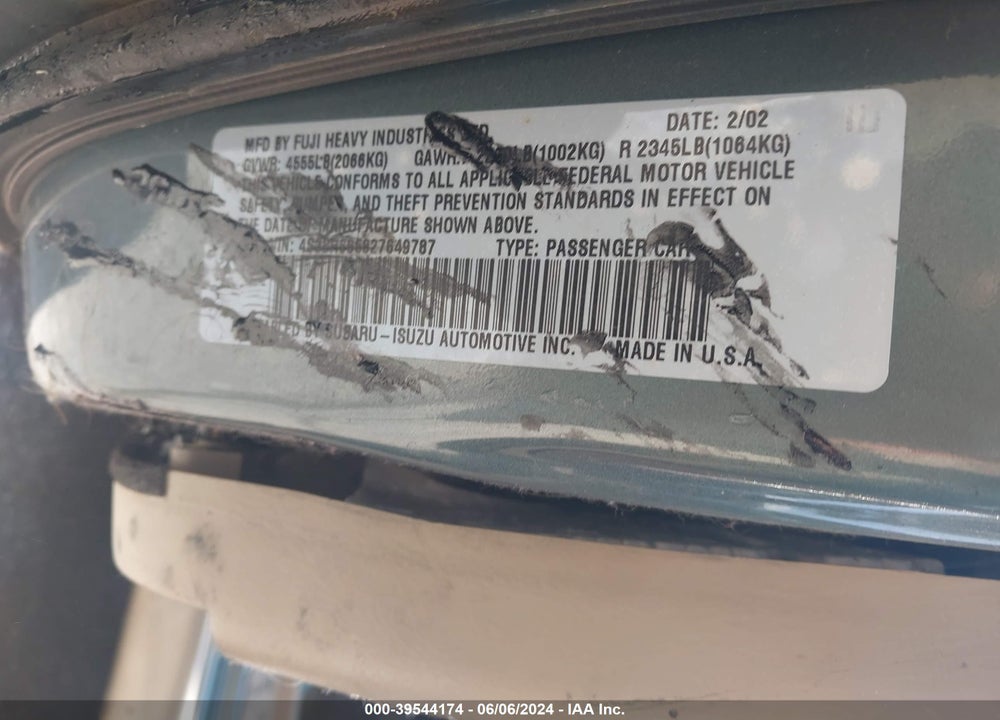 2002 SUBARU OUTBACK VIN: 4S3BH665827649787