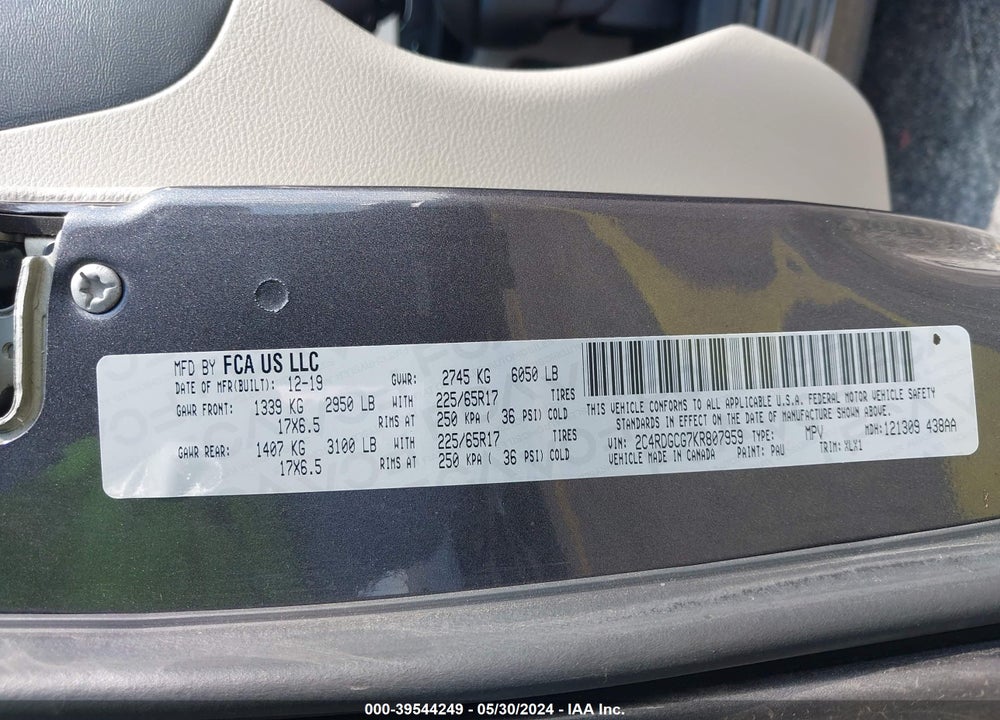 2019 DODGE GRAND CARAVAN SXT VIN: 2C4RDGCG7KR807959