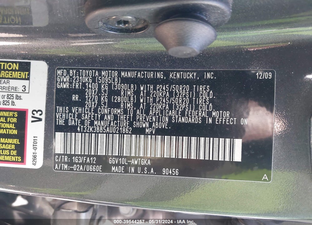 2010 TOYOTA VENZA BASE V6 VIN: 4T3ZK3BB5AU021862
