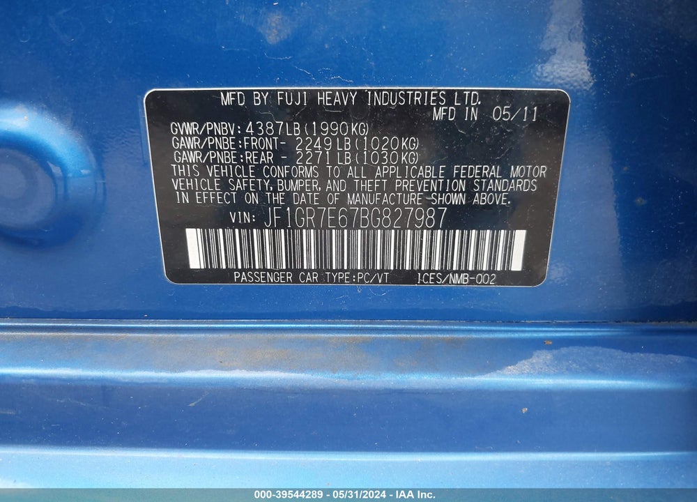 2011 SUBARU IMPREZA WRX PREMIUM VIN: JF1GR7E67BG827987