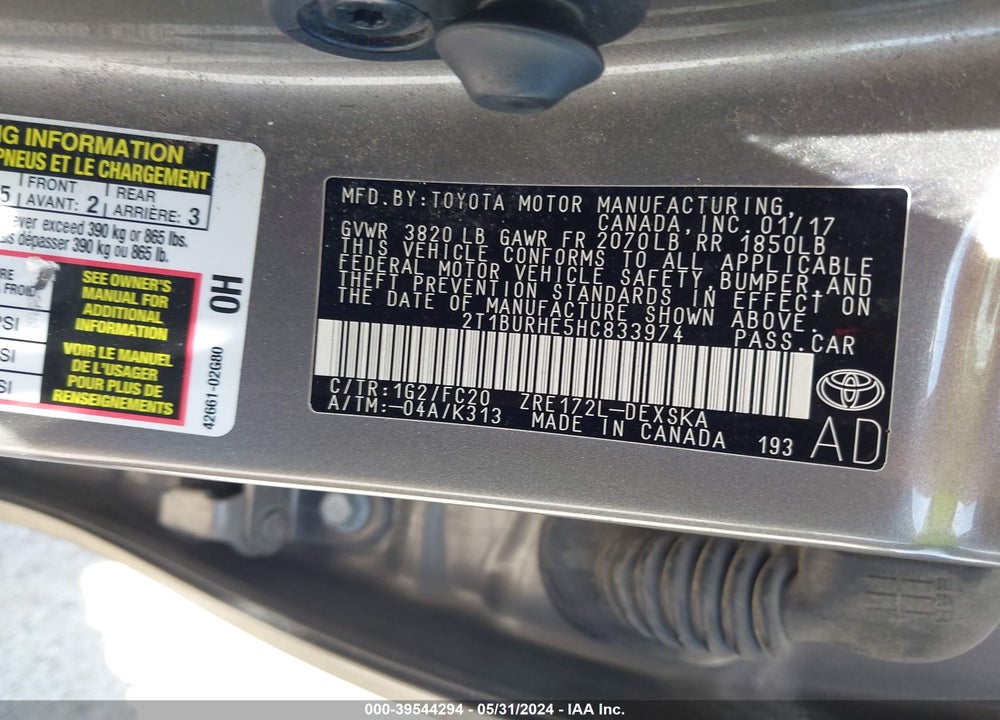 2017 TOYOTA COROLLA SE VIN: 2T1BURHE5HC833974