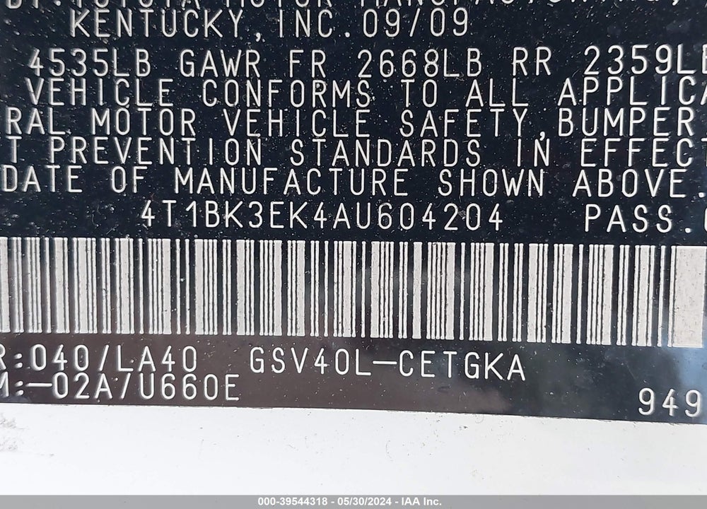 2010 TOYOTA CAMRY XLE V6 VIN: 4T1BK3EK4AU604204