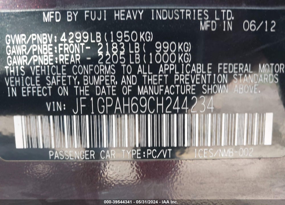 2012 SUBARU IMPREZA VIN: JF1GPAH69CH244234