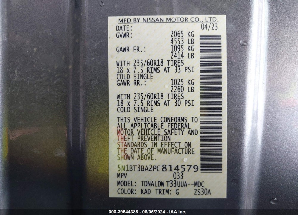 2023 NISSAN ROGUE SV FWD VIN: 5N1BT3BA2PC814579