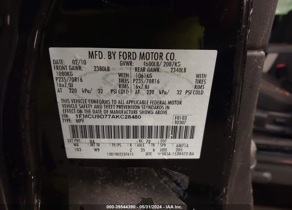 2010 FORD ESCAPE XLT VIN: 1FMCU9D77AKC28480
