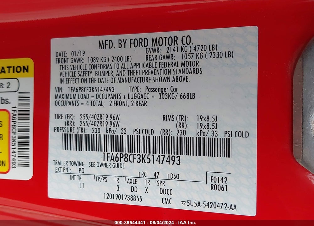 2019 FORD MUSTANG GT PREMIUM VIN: 1FA6P8CF3K5147493