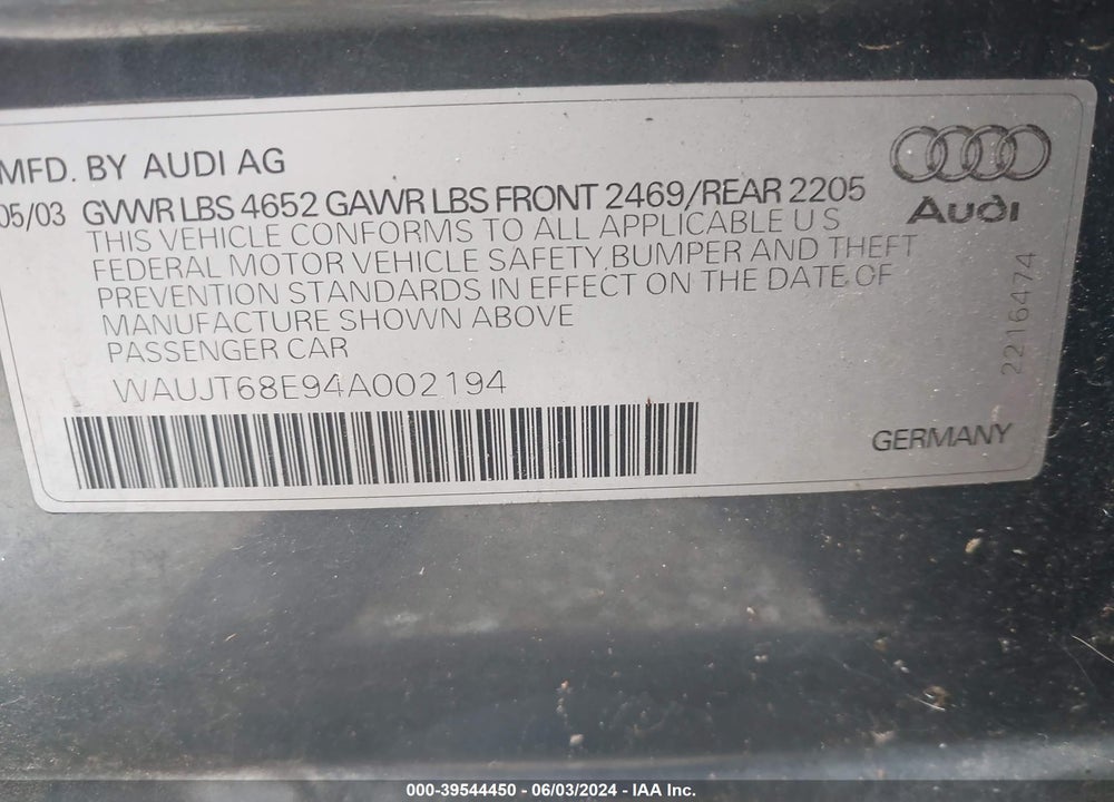 2004 AUDI A4 3.0 VIN: WAUJT68E94A002194