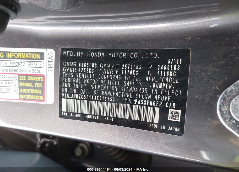 2018 HONDA CLARITY PLUG-IN HYBRID VIN: JHMZC5F1XJC013753