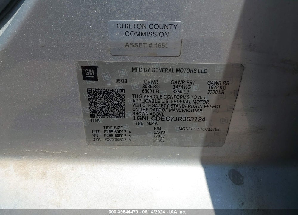 2018 CHEVROLET TAHOE COMMERCIAL VIN: 1GNLCDEC7JR363124