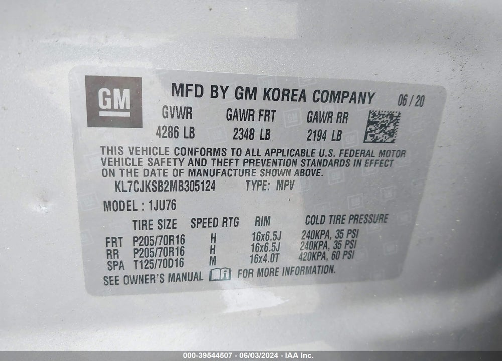 2021 CHEVROLET TRAX FWD LS VIN: KL7CJKSB2MB305124