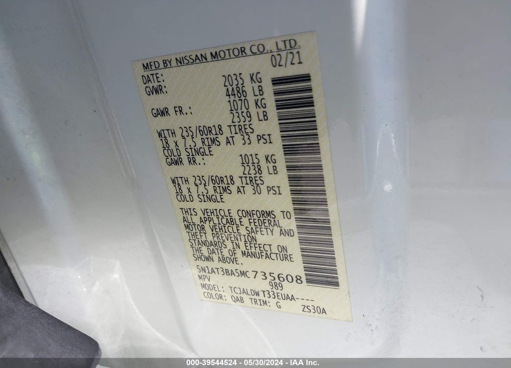 2021 NISSAN ROGUE SV FWD VIN: 5N1AT3BA5MC735608
