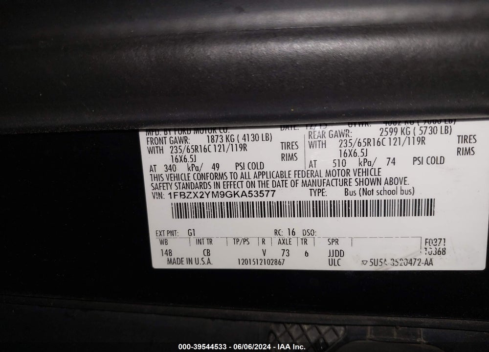 2016 FORD TRANSIT-350 XLT VIN: 1FBZX2YM9GKA53577
