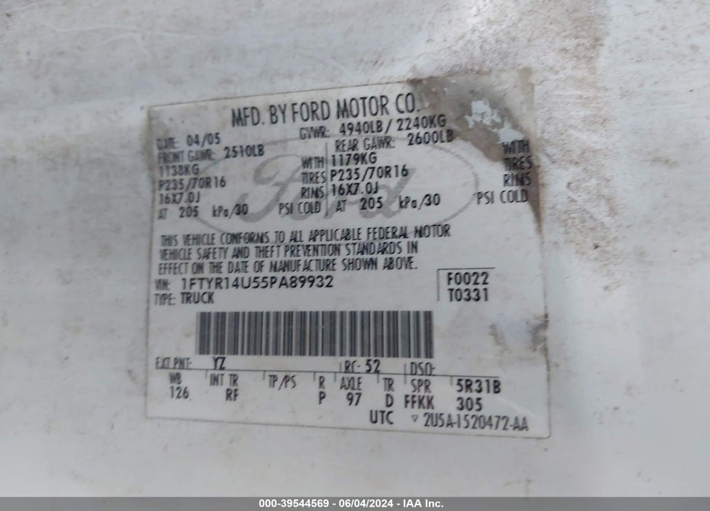 2005 FORD RANGER EDGE/STX/XL/XLT VIN: 1FTYR14U55PA89932