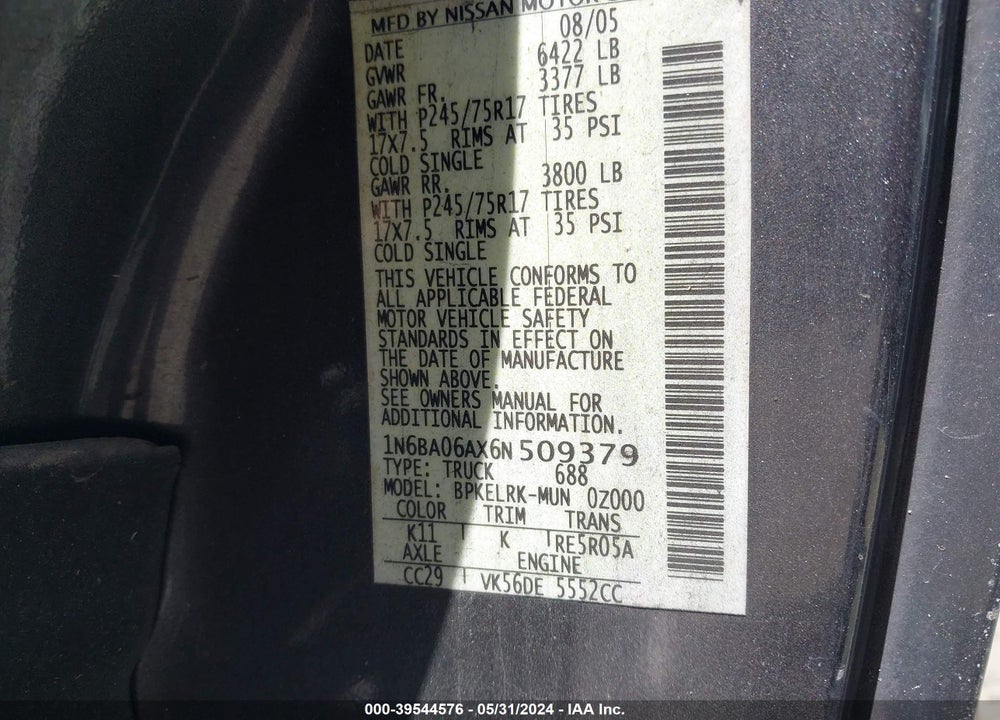 2006 NISSAN TITAN XE VIN: 1N6BA06AX6N509379