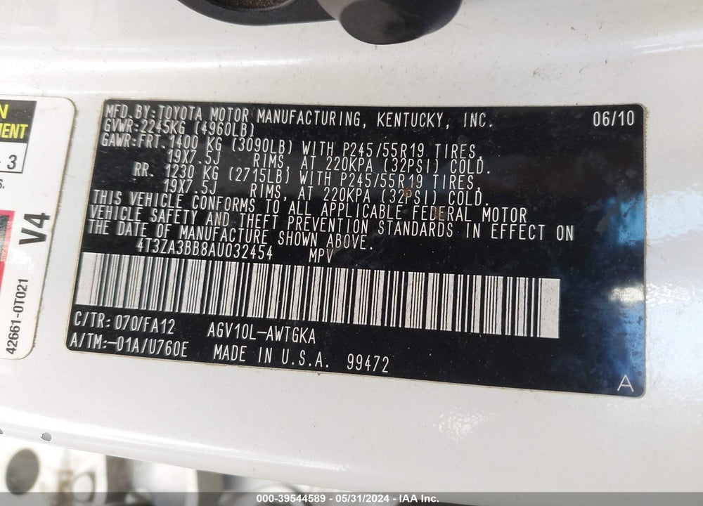 2010 TOYOTA VENZA VIN: 4T3ZA3BB8AU032454