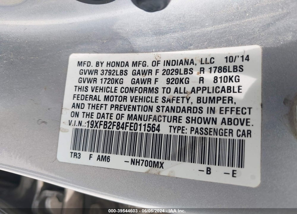 2015 HONDA CIVIC EX VIN: 19XFB2F84FE011564
