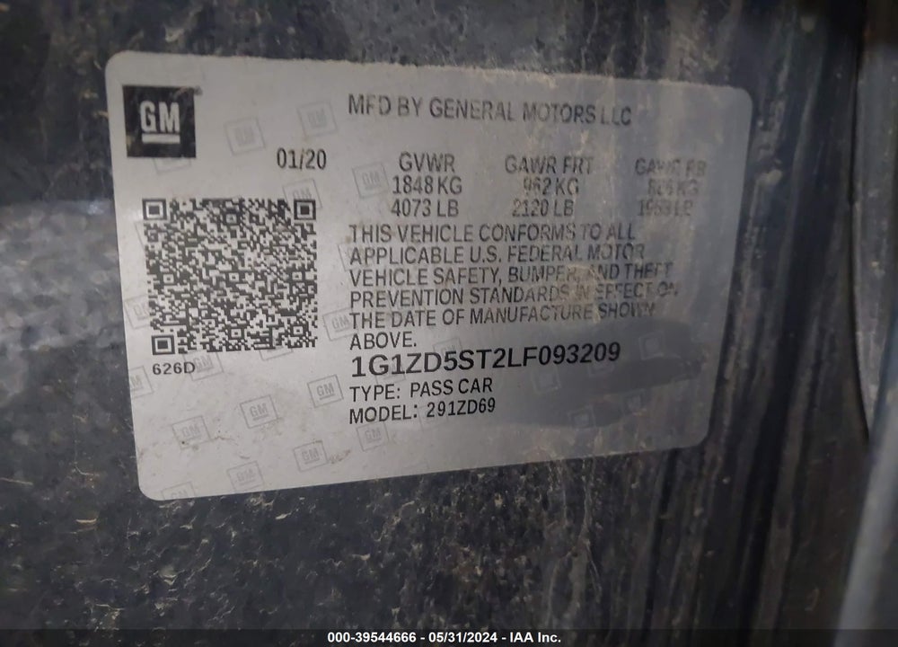 2020 CHEVROLET MALIBU FWD LT VIN: 1G1ZD5ST2LF093209