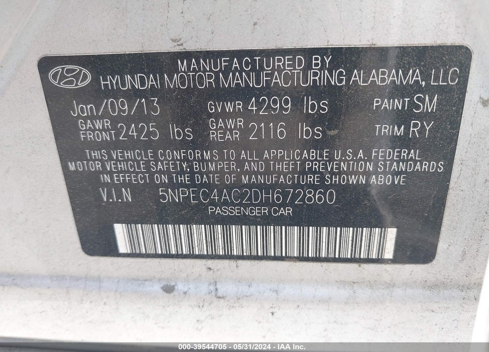 2013 HYUNDAI SONATA LIMITED VIN: 5NPEC4AC2DH672860