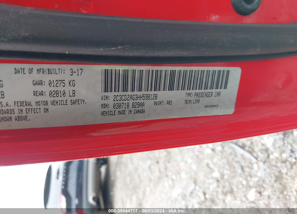 2017 DODGE CHALLENGER SXT VIN: 2C3CDZAG3HH598128
