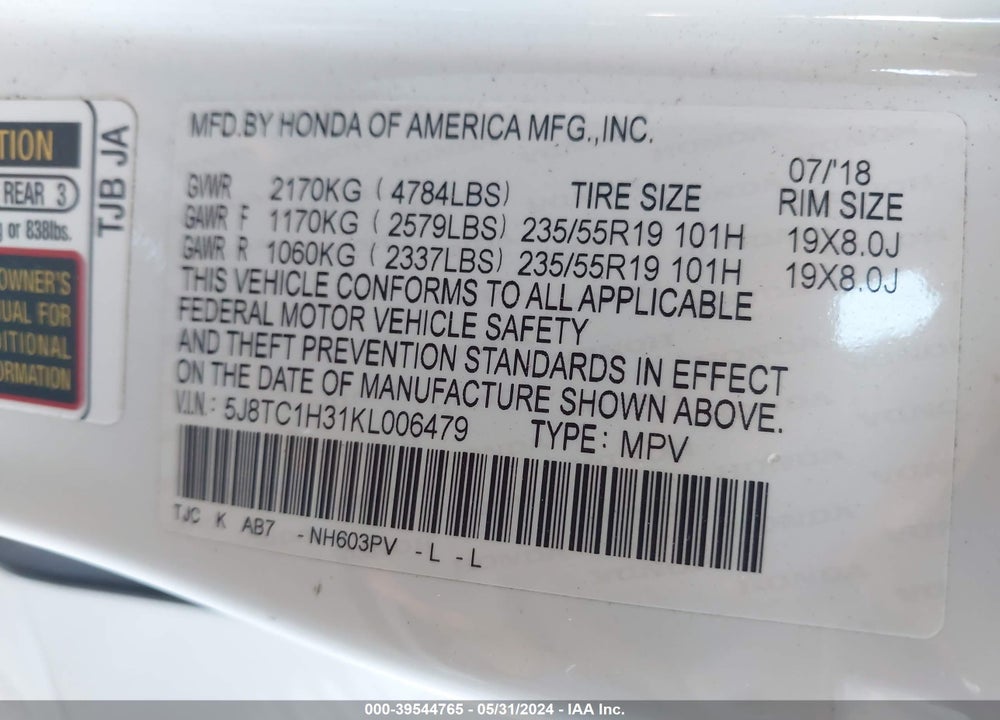 2019 ACURA RDX STANDARD VIN: 5J8TC1H31KL006479