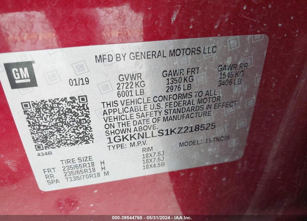 2019 GMC ACADIA SLE-2 VIN: 1GKKNLLS1KZ218525