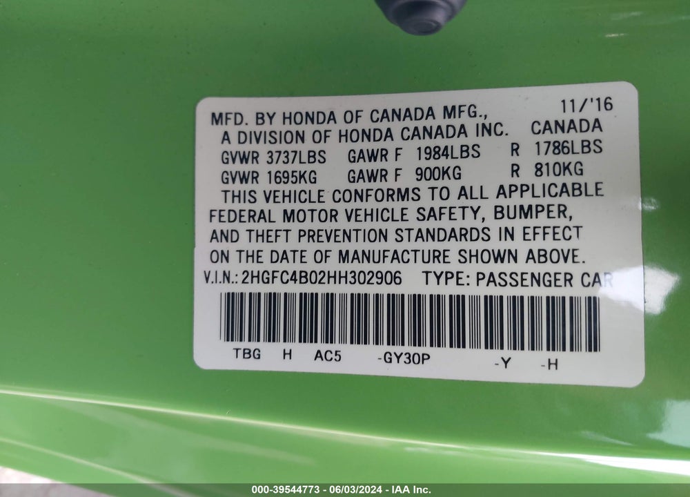 2017 HONDA CIVIC LX-P VIN: 2HGFC4B02HH302906