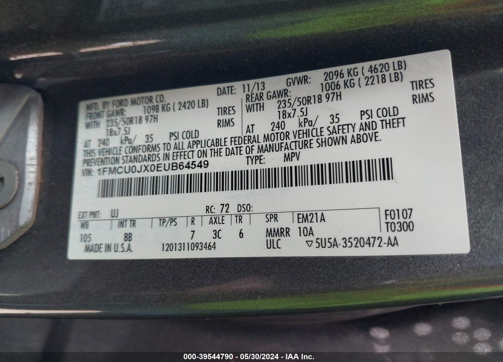 2014 FORD ESCAPE TITANIUM VIN: 1FMCU0JX0EUB64549