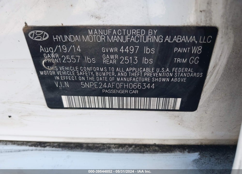 2015 HYUNDAI SONATA SE VIN: 5NPE24AF0FH066344