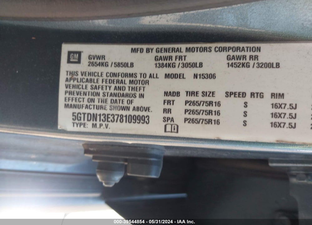 2007 HUMMER H3 SUV VIN: 5GTDN13E378109993