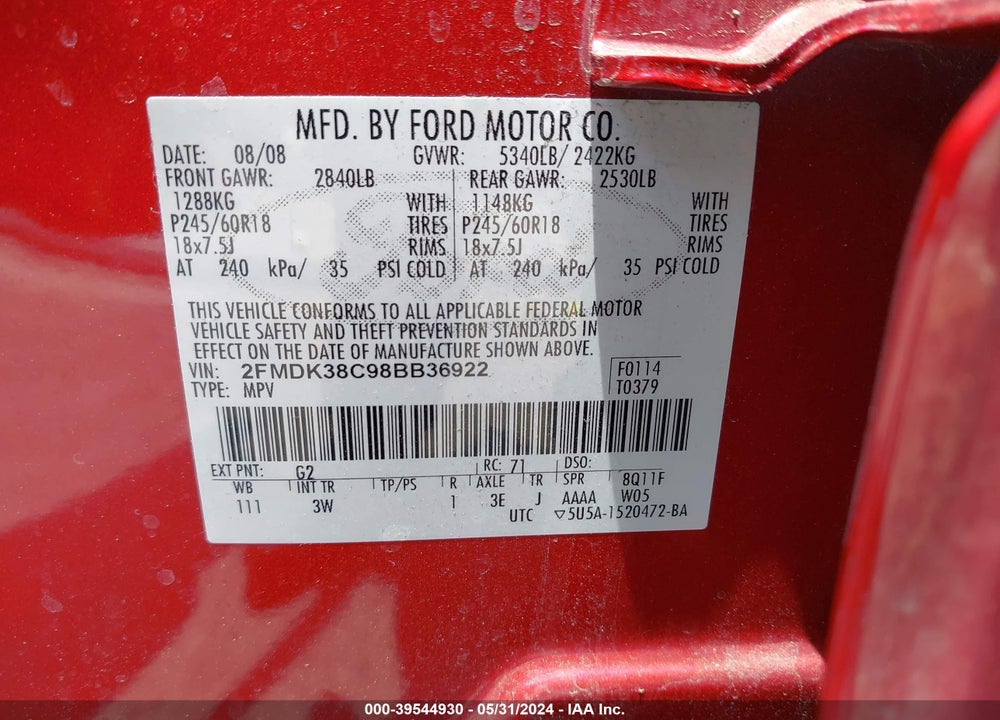 2008 FORD EDGE SEL VIN: 2FMDK38C98BB36922