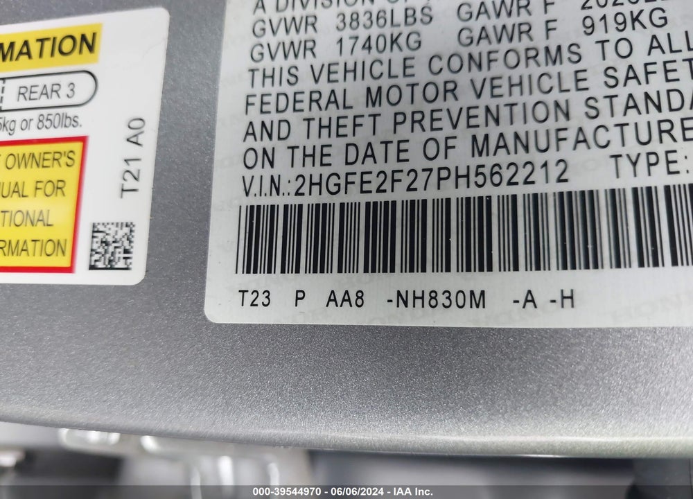2023 HONDA CIVIC LX VIN: 2HGFE2F27PH562212
