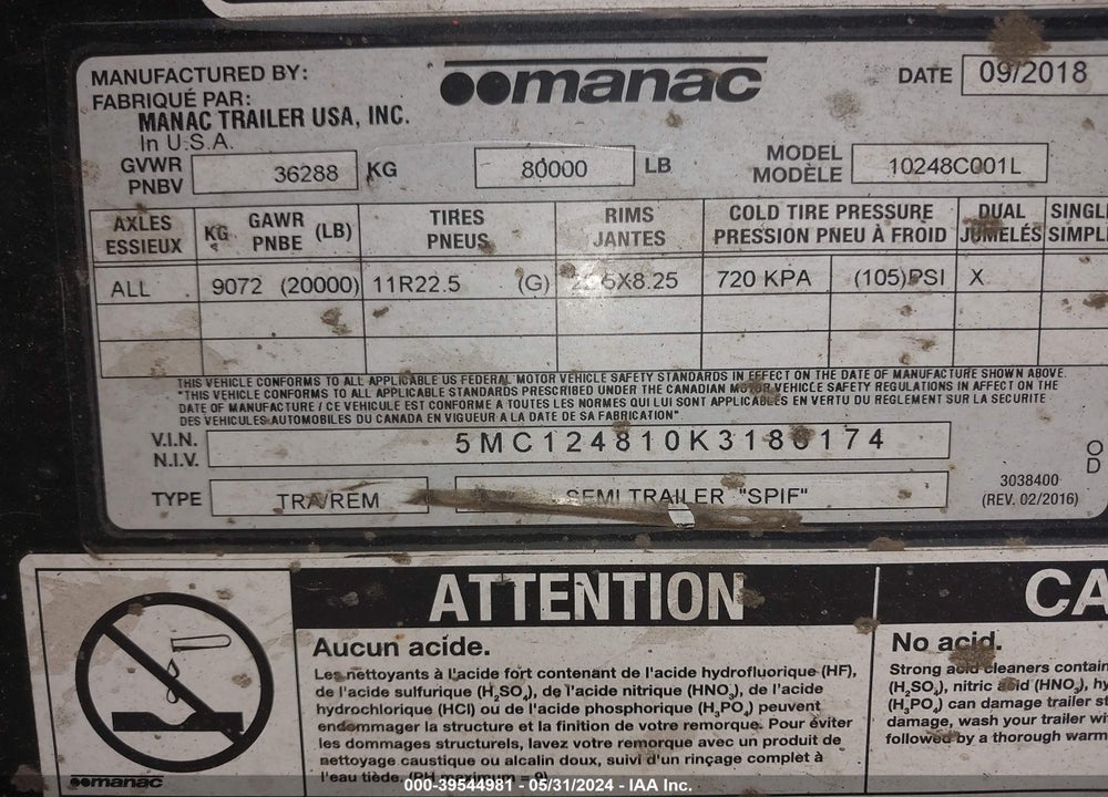 2019 MANAC INC FLATBED TRAILER VIN: 5MC124810K3186174
