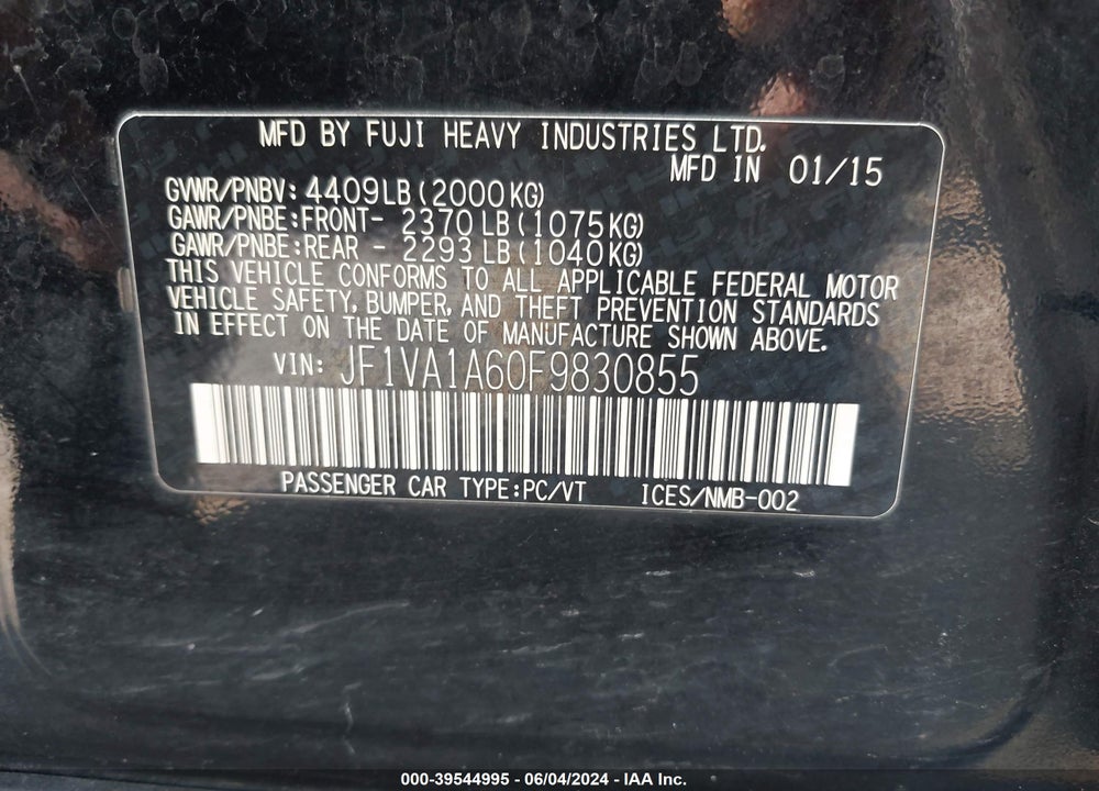 2015 SUBARU WRX VIN: JF1VA1A60F9830855